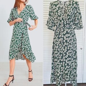 Rails Florence Daisy Print Wrap Green Dress High-low Ruffles Size L